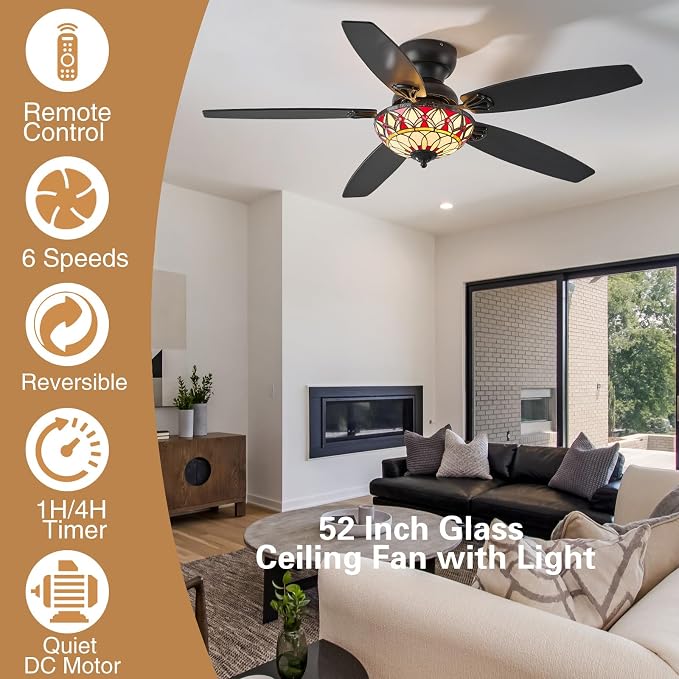 Tiffany Ceiling Fans with Lights-52"Ceiling Fan Chandelier and Glass Shade | 52" Ceiling Fan Chandelier with 5 Dual-Blades and Glass Shade, 6 Speeds and Reversible, Indoor and Outdoor, Retro Style