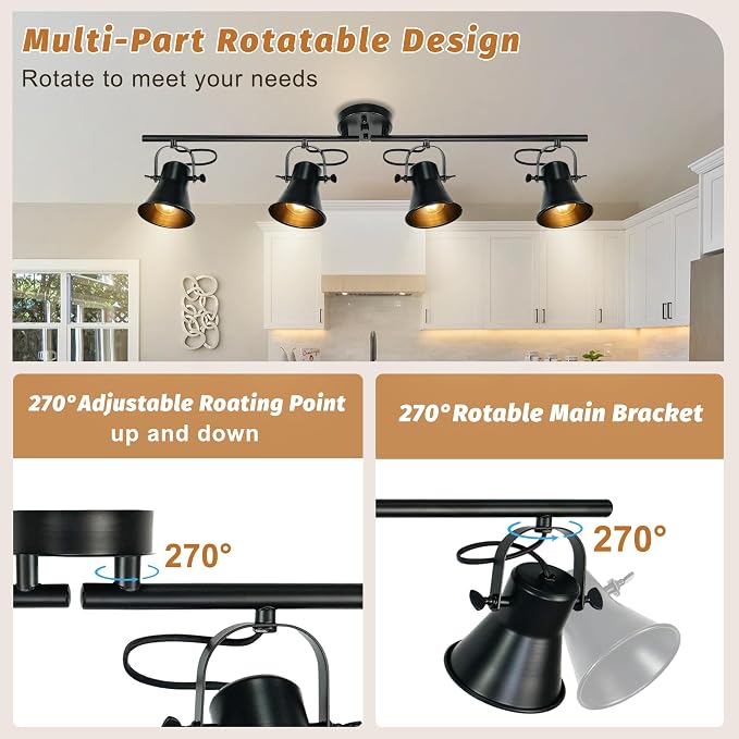 37"Rustic Track Lighting Fixtures Ceiling 4 Light Farmhouse Track Light | Black Track Light for Kitchen Bar Closet Living Room Spotlight,Directional 270°Rotatable Light Head