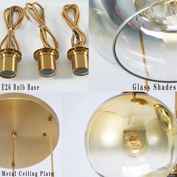 Modern Globe Pendant Lighting Gradient Gold Glass Pendant Light Fixtures Dining Room Adjustable Hanging Cluster Pendant Lamp Nordic 3-Light Heads Chandeliers Lighting for Kitchen Bedroom