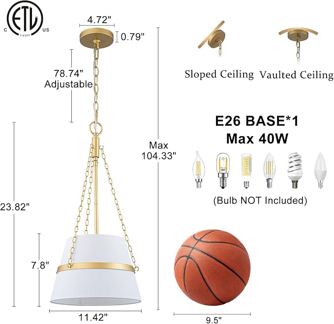 11.4" Gold Drum Pendant Light for Kitchen Island, White Linen Fabric Shade | Modern Transitional, Cone Shape, 3 Side Chains, 1-Light, Breakfast Nook, Reading Corner, Adjustable Height 11.42"W x 23.82"H