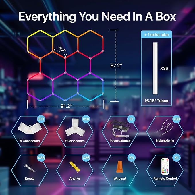 HYPERLITE Hexagon Garage Lights: Gen IV-8 Grid Hexagon LED Lights with Music Sync Mode, App & Remote Control, Multi-Color Honeycomb Light for Gaming Room, Gym, Garage