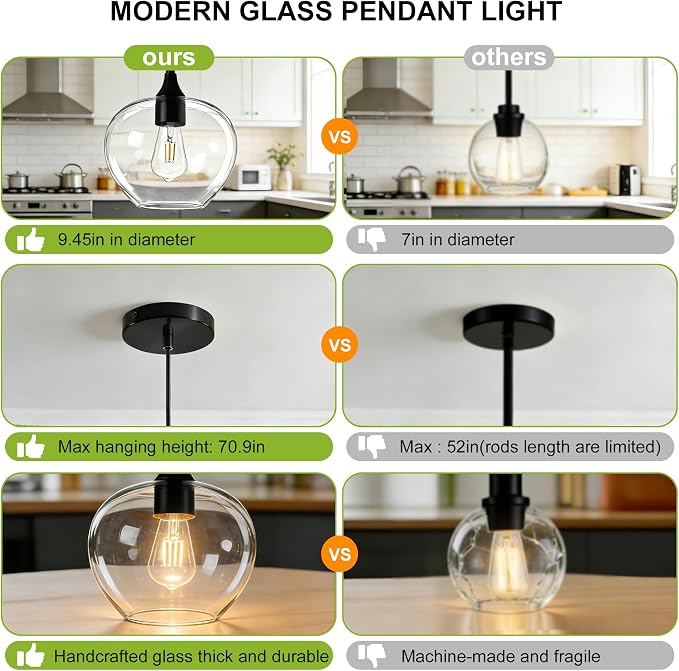 9.45in Black Pendant Lights Kitchen Island with Clear Glass Shade 1Pack | Handcrafted Glass Pendant Light Fixtures, UL Certified, E26 Base 100W Max, Height-Adjustable, Dimmable Hanging Pendant Light