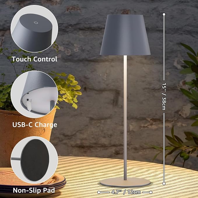 uuffoo 2 Pack Cordless Table Lamp Rechargeable 5000mAH Battery Operated Lights Touch Control LED Portable Desk Lamps 3 Color Dimming for Outdoor Coffee Bedroom Kitchen (Gray)