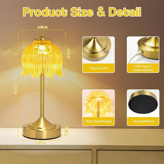 Cordless Table Lamp, Rechargeable Honey Gold Glass Lotus Flower Lamp | 5200mAh touch lamp with 3 color modes and stepless dimming, battery operated lamp for nightstands and kitchen counters