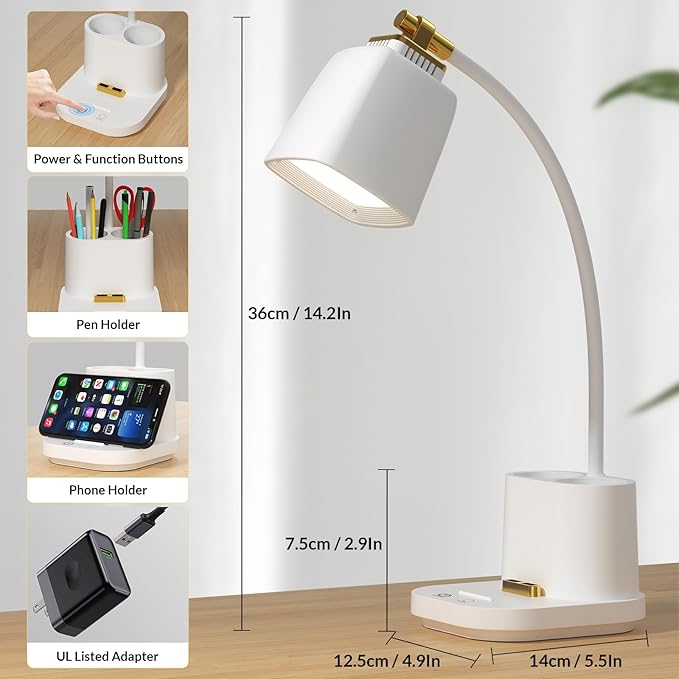 Desk Lamp with USB Charging Port & Pen Holder, LED Desk Light for Home Office, Touch Dimmable, Ideal for Study, Reading, and Work (White)
