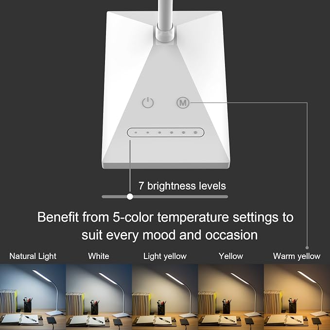 LED Desk Lamp, 12W Dimmable Table Lamp Eye-Caring Reading Light with USB Charging Port Touch Control 5 Color Modes 7-Level Brightness Adjustable for Office Home Bedroom (White)