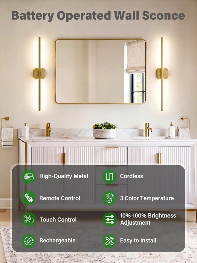 Battery Operated Wall Sconces Set of Two, Wireless Wall Lights Touch & Remote Control Rechargeable LED Wall Lamp 2700K-6000K Dimmable Lights for Living Room Bedroom Bathroom Hallway( 29 ", Gold)