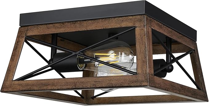 DEWENWILS Farmhouse Flush Mount Ceiling Light with Wood Grain Finish, 2-Light Metal Light Fixture for Kitchen Hallway Entryway Porch
