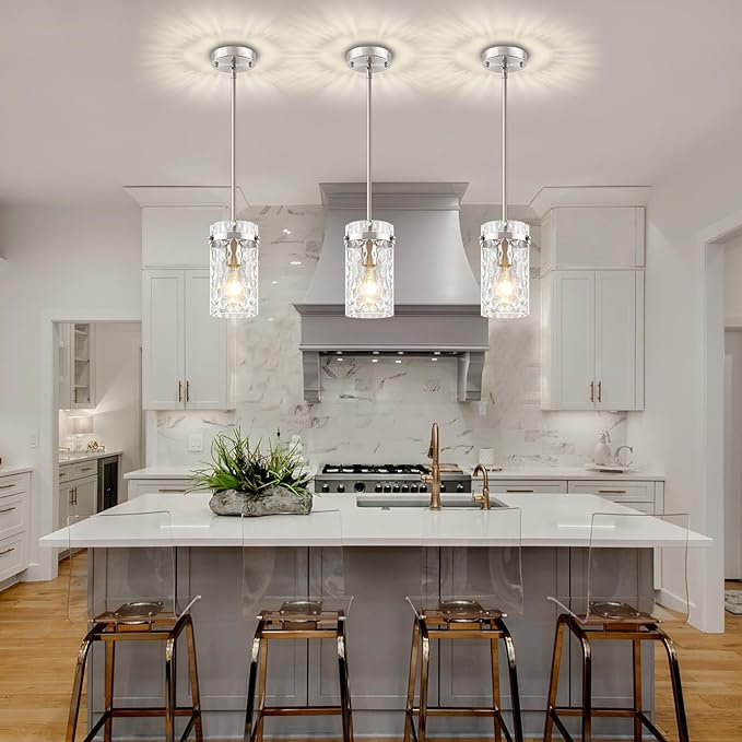 2 Pack Brushed Nickel Pendant Lighting for Kitchen Island, Modern Hand-Blown Glass Kitchen Hanging Light Fixtures Over Island Adjustable Mini Pendan Lights for Hallway Entryway Bathroom Dining Room