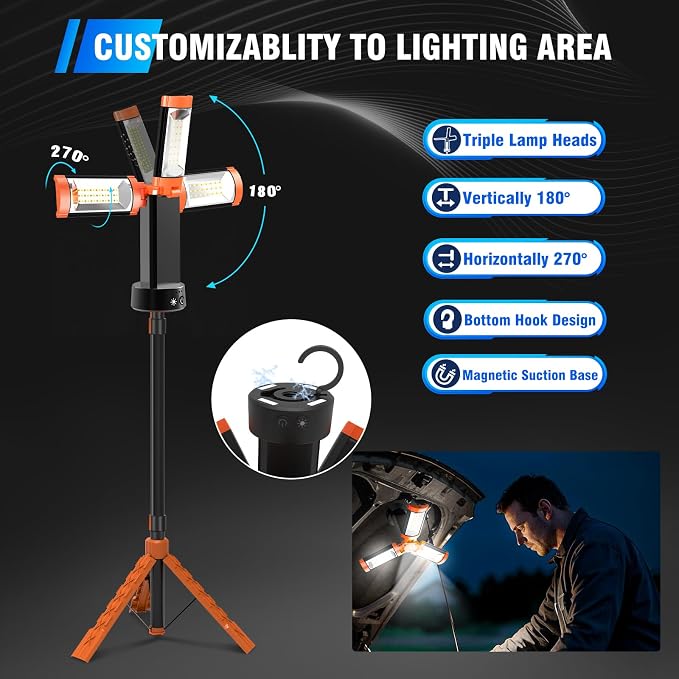 AKOFUN 12000mAh Camping Light with Stand, Portable Rechargeable Work Light | 10000 Lumen Dimmable Cordless Work Light with 3 LED Lamp Heads, Magnetic Emergency Flashlight with 79" Detachable Tripod