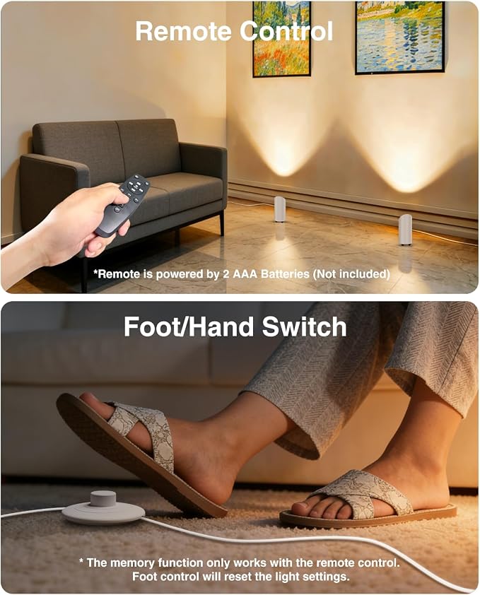 2 Pack Uplighting Indoor, 7W LED Floor Can Lights with Remote, 5.9ft Cord Plug-in Spotlight for Indoor Plants, Wall & Art, 3 Color Temps, Auto-Loop Timer, Memory Function, Non-replaceable Bulb