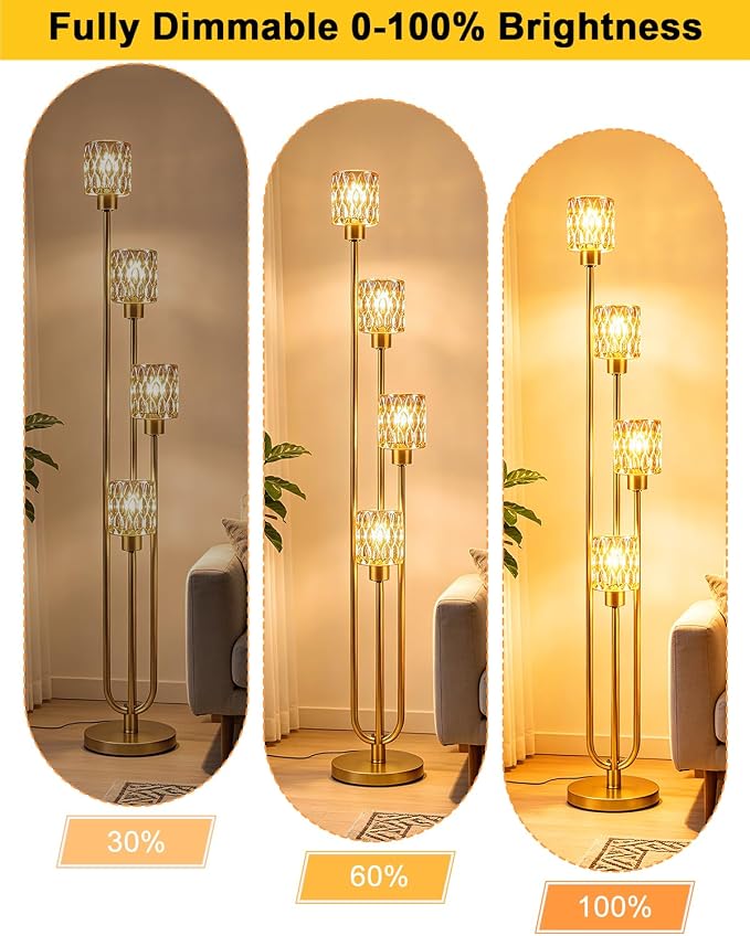 Vintage 4-Light Amber Glass Floor Lamp, Dimmable Gold Standing Tall Lamp for Reading, Mid Century Modern Floor Lamp for Living Room Bedroom Home Office Corner Decor, Bulb Included