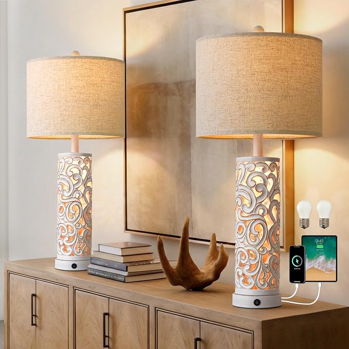 2-in-1 Light Table Lamp Set of 2 for Living Room, 28.5" Farmhouse Bedside Lamps with USB Charging Port, Main&Night Light & Dual Switches, Nightstand Lamp for Bedroom Home Office(Bulb Included)