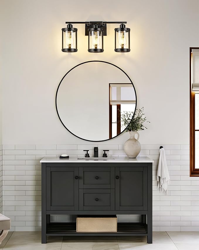 3-Light Black Bathroom Light Fixtures, 21 Inch Modern Bathroom Vanity Lighting Fixtures Over Mirror with Clear Glass and Metal Cage Wall Sconce Lights for Bath, E26, OS-3014BK-3W