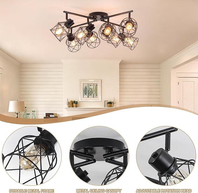 BUXVRCS 8 Lights Black Adjustable Multi-Directional Kitchen Light Fixtures | Track Lighting Fixtures, Metal Cage, Modern Minimalist Style, Spotlight Fixtures for Dining Room, E26 Socket