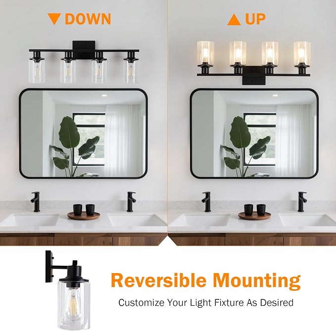 Matte Black Bathroom Light Fixtures Over Mirror,4-Light Bathroom Vanity Light with Clear Glass Shade,Modern Farmhouse Wall Sconces Lighting for Mirror Kitchen Living Room Cabinet