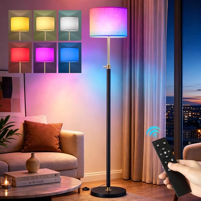 Floor Lamp Height Adjustable with Dimmable RGB for Living Room and Bedroom | 55"- 67" Height Adjustable Black Standing Lamp with Remote RGB Dimmable - Tall Stand Light with Shade for Corner Lighting