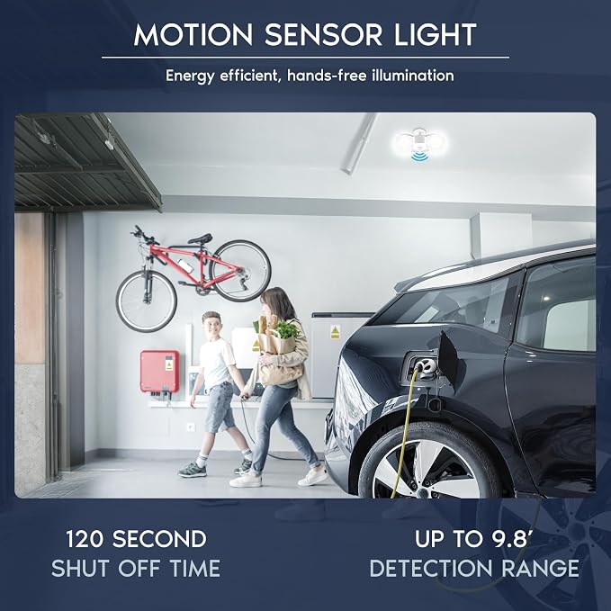 LUXRITE LED Garage Light 80W, 8000 Lumens, Deformable LED Garage Lights, 5000K, 3 Panel Garage Light, E26 Screw in Base, Adjustable Light, Damp Rated, ETL (1 Pack, White, Motion Sensor)