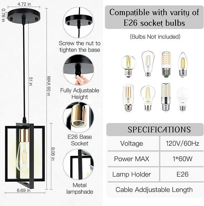 3 Pack Pendant Lights Kitchen Island Black Pendant Light with Metal Shades | Industrial Pendant Lights, Adjustable Cords for Flat or Sloped Ceilings, E26 Base, for Dining Room, Entryway, Restaurant