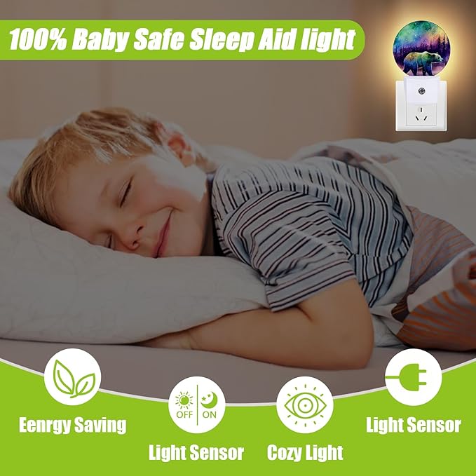 Aurora Forest Night Light,Magical Bear Night Lights Plug into Wall for Kitchens Toilets Bedroom Decorative Half Round Nightlight Led Lamp 0.5W Sleep Friendly