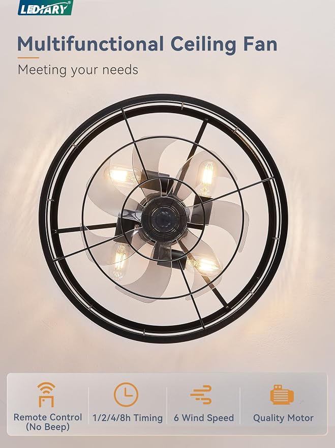 LEDIARY 20 inch Fandelier Caged Ceiling Fan with Light and Remote, Black | 6 Speed Adjustable,Timing, Quiet & Powerful DC, Small, Farmhouse, Industrial, Enclosed, Bladeless, Bedroom, Kitchen, Downrod