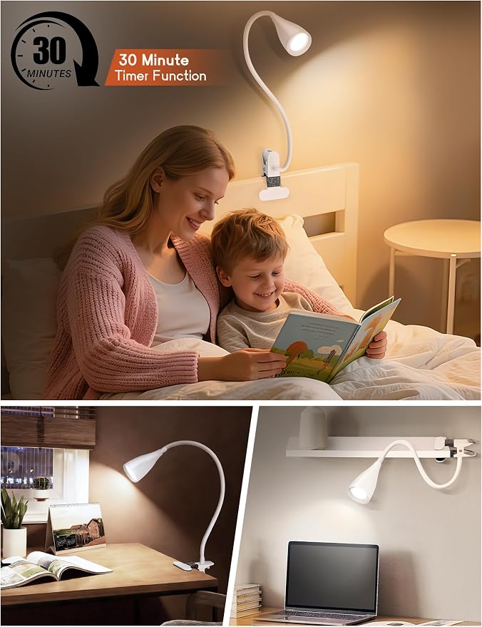2 PCS Reading Light for Book in Bed,Clip on Light Reading Lamp with Adapter | 5 Color Modes 10 Brightness, Eye-Caring Clip on Desk Lamp Book Light for Reading in Bed Headboard Bedside Bedroom (White)