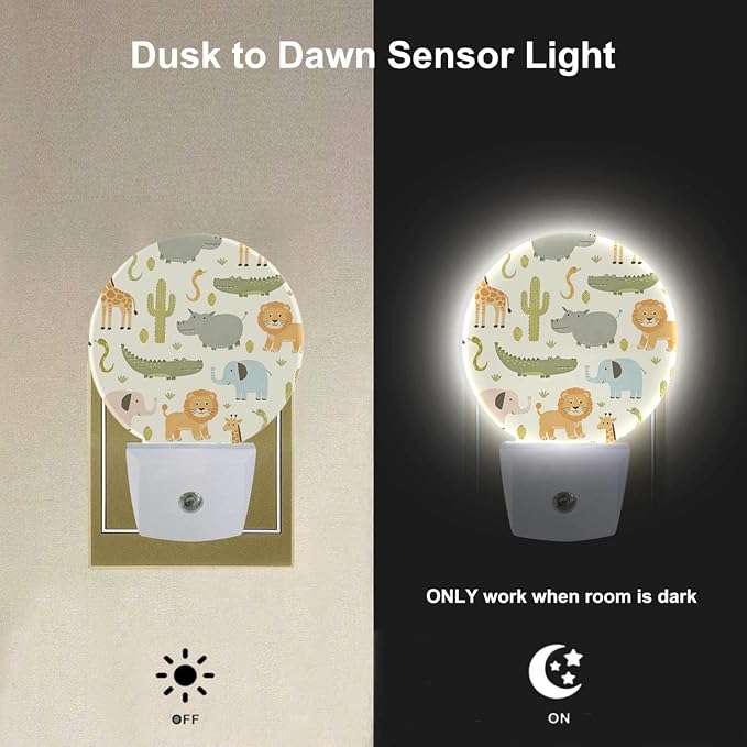Cartoon Safari Animals Night Lights Plug into Wall Cute Hippo Crocodile Lion Elephant and Giraffe Night Light Auto on/Off LED Lighting Sleep Friendly for Boys Girls