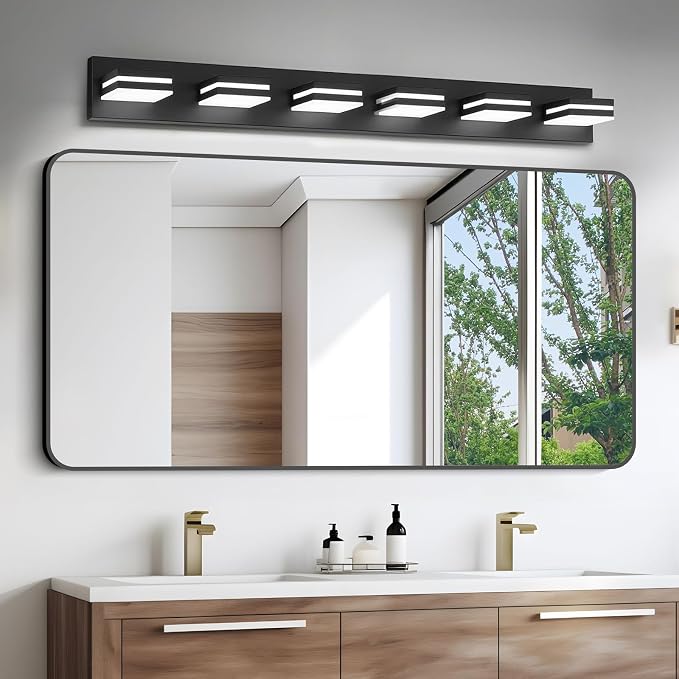 IZORRO LED Modern Bathroom Lights Fixtures(6-Light,Dimmable,360°Rotate),Matte Black Acrylic Wall Lighting,Vanity Lights for Bathroom Over Mirror - 6000k 36In （No Assembly Required）