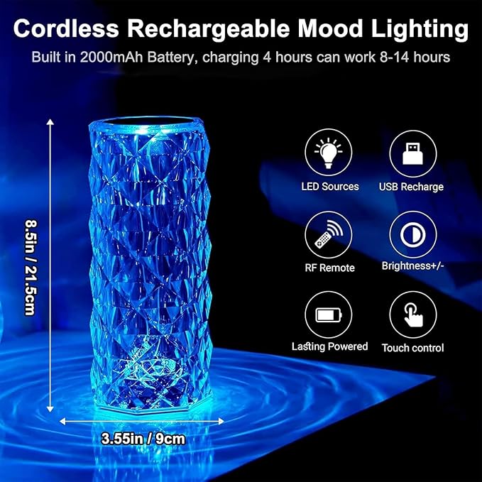 Crystal Table Lamp Touch, 16 Color Changing Night Light, Rechargeable, Dimmable, RGB Rose Diamond Ambient Mood Lighting, Protable Cordless Desk Lamp Bedside Led Light for Bedroom Living Room Party