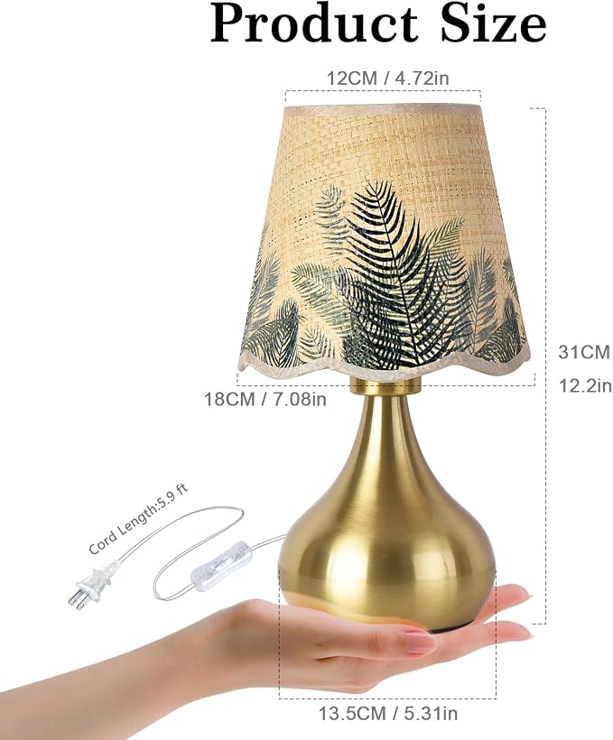 Ziqqeelam Gold Small Bedside Cute Table Lamp for Bedroom, Table Lamps for Nightstand, Scalloped Rattan Shade Table Lamps for Small Spaces for Bedroom, Home Office, Living Room