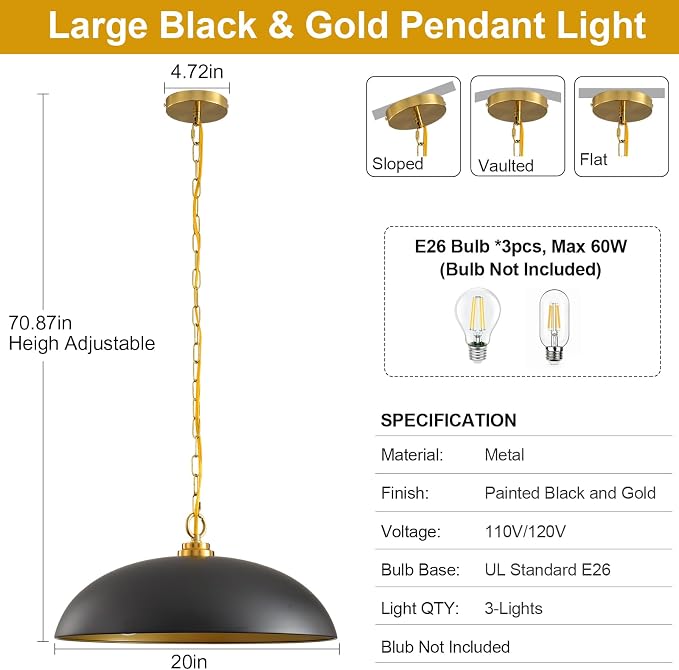 20in Black and Gold Dome Pendant Light, Large 3-Light Chandelier | Industrial Matte Black Oversized Pendant Light Fixture Ceiling Hanging Lamp for Kitchen Island Dining Room Over Table 1 Pack