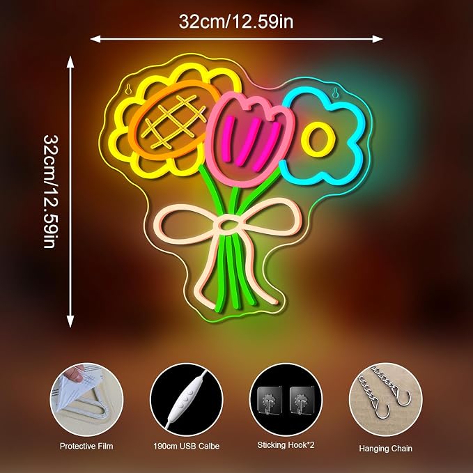 Bouquet LED Neon Sign Colorful Art Flower Light for Home Wall Decoration | 12.59IN*12.59IN,Five level brightness adjustment,USB power,For Bar,Club,Pub,Living room,Bedroom,Restaurant,Beach Bungalow