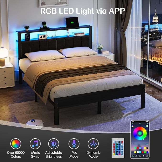 OLEVS Queen Size Bed Frame with LED Lights & Charging Station, Modern Platform Bed with 2-Tier Storage Headboard, No Box Spring Needed, Noise Free