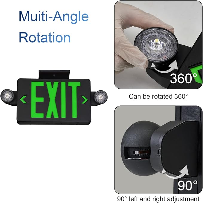TANLUX Green Exit Sign with Emergency Lights, LED Exit Light with Battery Backup, Black Housing, UL Listed, AC 120/277V, Commercial Emergency Lights Combo - 6 Pack