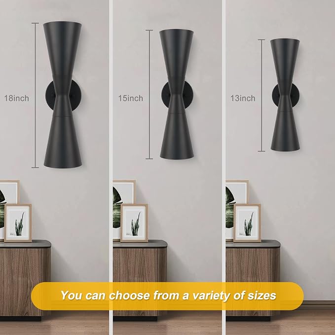 Modern Black Wall Sconces Set of 2, Up and Down Indoor Wall Sconces, Mid Century Indoor Wall Light Fixture, Hardwired Wall Mounted Lamp for Living Room, Bathroom, Bedroom, Hallway, 18 Inch