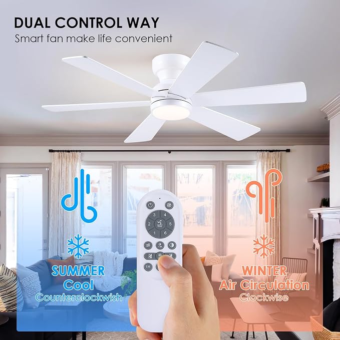 Asyko 46"White 6-Blade Modern Low Profile Ceiling Fan with Light and Remote | 6 Double-Sided Blades,6 Wind Speeds, Reversible,Dimmable 3 CCT LED Light, 25W Quiet DC Motor,1/2H Timer,for Bedroom Kitchen