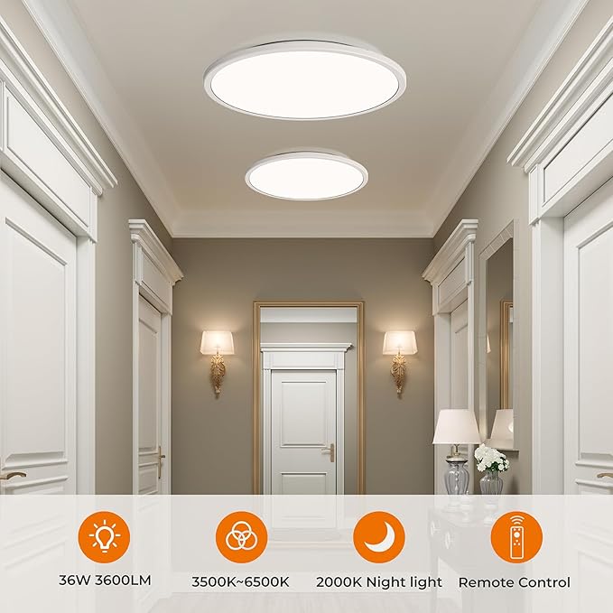 Matane 15.4in LED Flush Mount Ceiling Light Fixture with Remote, 2000K Warm Nightlight, Dimmable 3000K-6500K Low Profile Ceiling Lights for Bedroom, Living Room, 3600LM, White