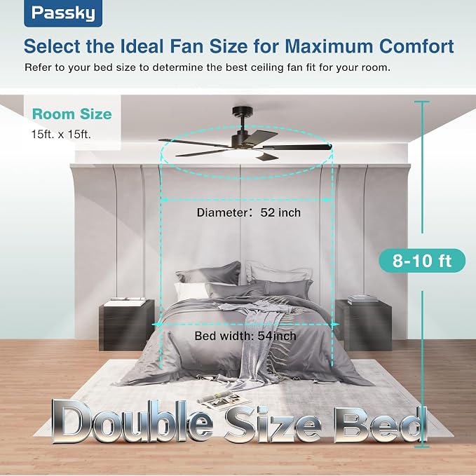Passky Ceiling Fans with Lights, 52 inch Sleek Ceiling Fan with Light and Remote Control, 3CCT, Dimmable, Reversible, Noiseless, Black Ceiling Fan for Bedroom, Living Room | 3-color dimmable light, quiet reversible DC motor, easy install, memory, Timer...