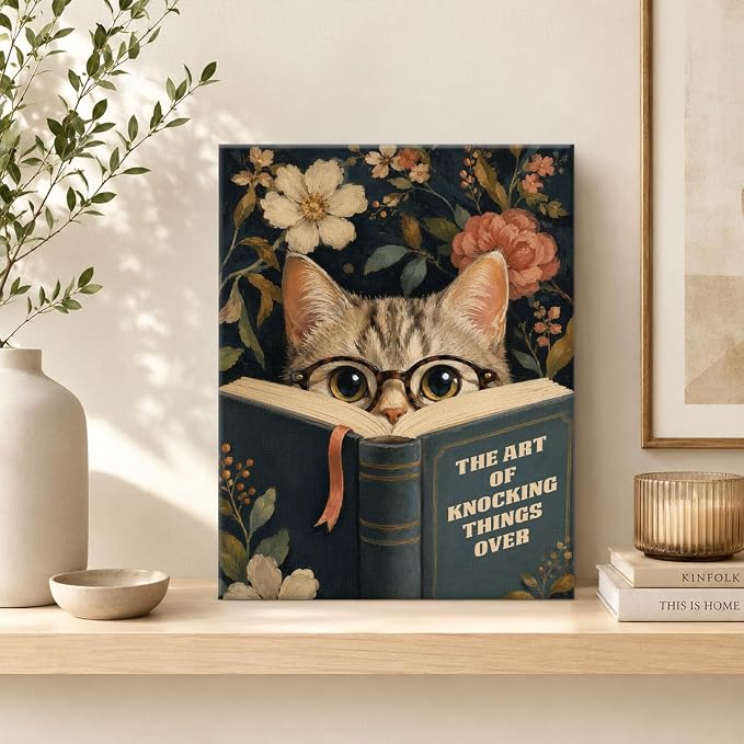 NSFBESSLIA Funny Reading Cat Painting, Whimsical Vintage Cat Decor, The Art Of Knocking Things Over, Humorous Wall Art for Living Room Bedroom Entryway, 8x10 Inch