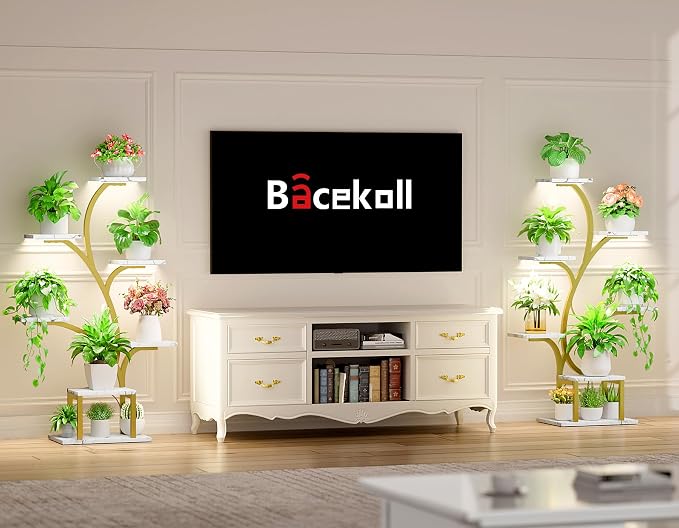 BACEKOLL Plant Stand Indoor with Grow Light, 7 Tier 49" Lighted Plant Shelf | Tree-Shaped Tall Holder with Full Spectrum Light for Indoor Growing, Sturdy Metal, for Home Corner, Space-Saving, Faux Marble