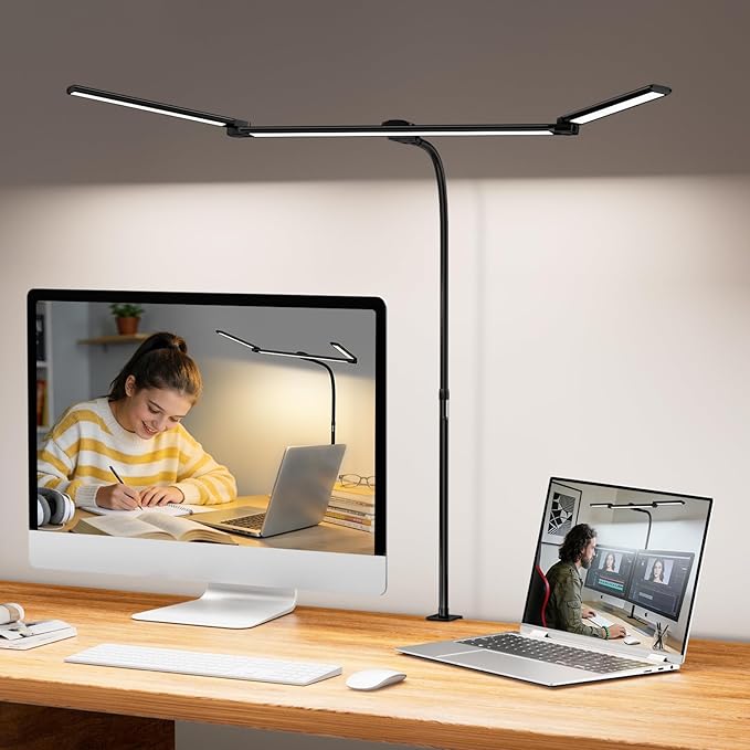 LED Desk Lamp for Home Office,3 Lamp Bars, 5 Color Temperatures & 10 Dimming Brightness, Flexible Neck, 15W USB Adapter Desk Light with Clamp for Reading, Study, Craft (Black)