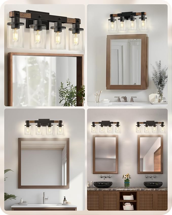 4-Light Bathroom Light Fixture, Farmhouse Vanity Lights for Bathroom with Glass Shade, Rustic Bathroom Light Fixtures, E26 Base F09BD05
