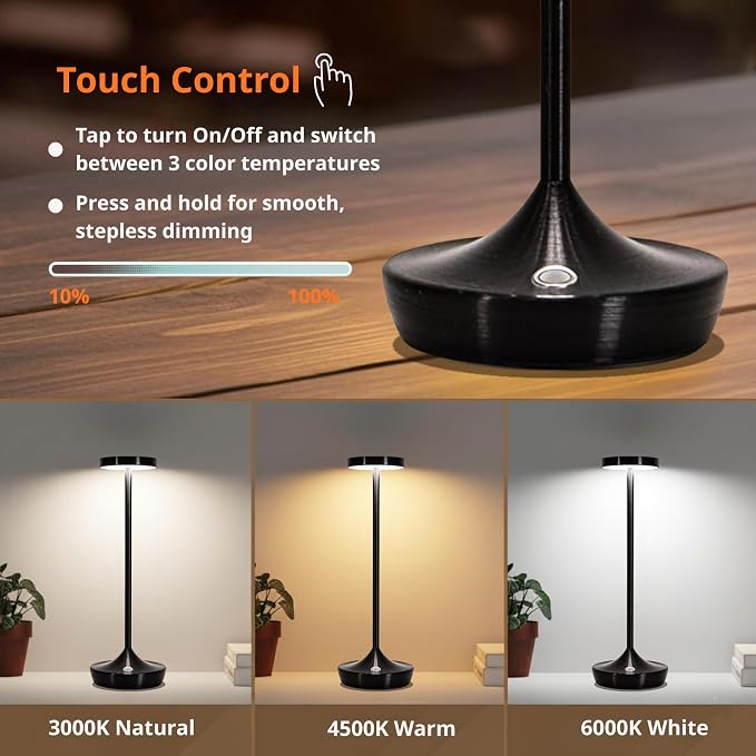 2 Pack Cordless Table Lamps, Rechargeable 6000mAh, 72H Runtime, Waterproof | Stepless Touch Dimming with 3 Color Modes & Memory Function for the Perfect Ambiance at Home, Restaurants & Patios (Black)