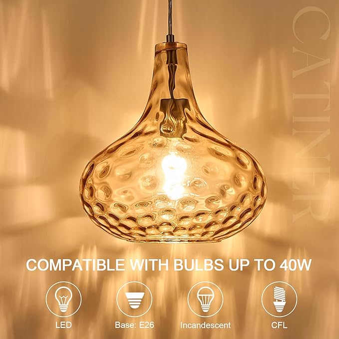 11" Amber Hammered Glass Pendant Light, Blown Glass Hanging Light Fixture with Brushed Nickel Finish, Vintage Modern Ceiling Light for Kitchen Island, Dining Room, Hallway, Living Room