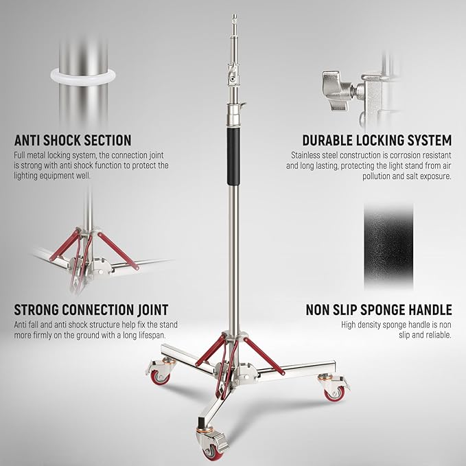 NEEWER 10ft Heavy Duty Air Cushioned Light Stand with Casters, Adjustable Tripod Stand, Stainless Steel Photography Wheeled Stand for Studio Flash Softbox Monolight Reflector, SC305AW | Adjustable Tripod Stand, Stainless Steel Photography Wheeled Stand...