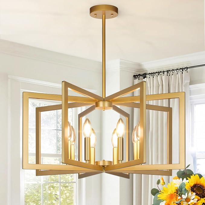 Lynnoland 25"-61" Height Adjustable Modern Gold Chandelier for Dining Room, No Assembly Required Gold Dining Room Light Fixture Over Table, Industrial Metal Pendant Lights Fixture for Kitchen Island