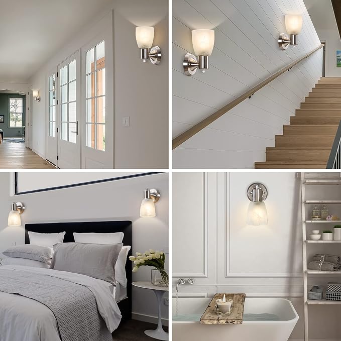 EJIAXIN Wall Sconces Set of 2, Brushed Nickel Vanity Lights for Bathroom, Modern Wall Light Fixtures with Rotary Switch, Wall Mount Light with Frosted Glass, Farmhouse Lamp for Bedroom Living Room