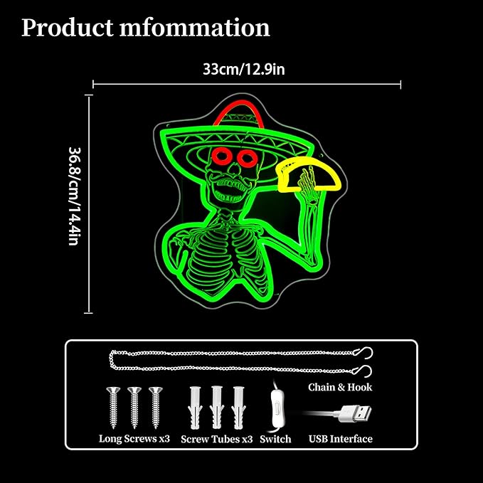 Skull Neon Sign Skeleton Taco Led Neon Lights Neon Signs for Wall Decor Light Up Sign for Birthday Party Club Gift