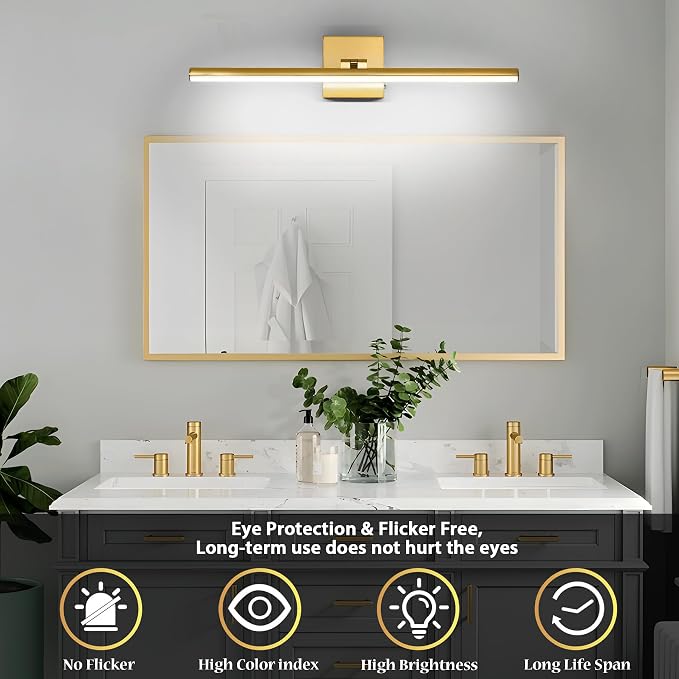 LED Bathroom Vanity Light, Modern Bathroom Light Fixture Over Mirror (3000K/4000K/6000K, Dimmable), Vanity Light Bar with Angle Adjustable, 24 Inch, Brass