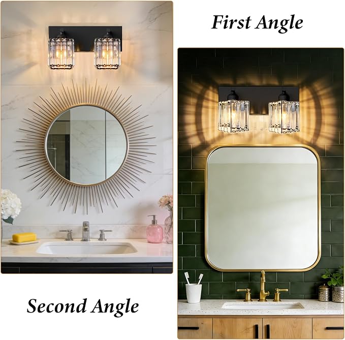 Black Crystal Bathroom Vanity Light, 2-Light Modern Bathroom Lighting Fixtures Over Mirror, Matte Black Wall Sconce with Square Shade